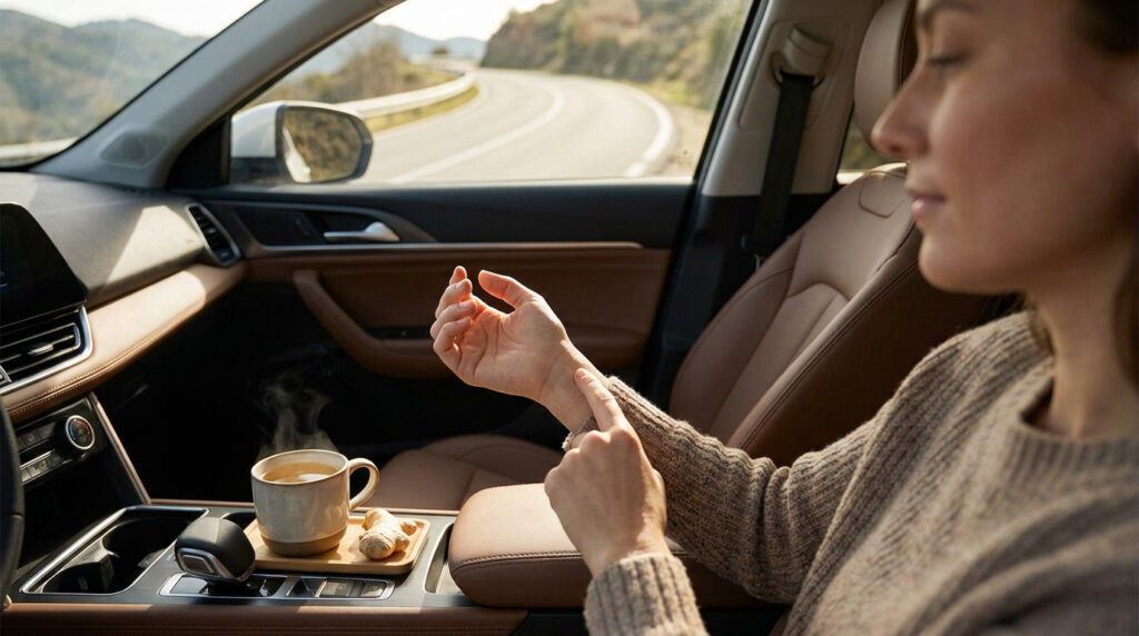 Une femme dans une voiture stimule un point d'acupression sur son poignet à côté d'une tasse de thé au gingembre.