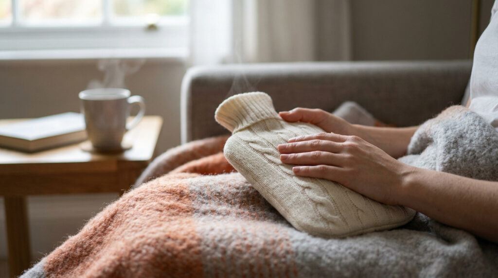 Une personne assise sous une couverture tenant une bouillotte chaude avec une housse en tricot crème, de la vapeur s'échappe.