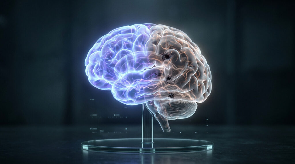 Représentation 3D numérique d'un cerveau humain en lévitation avec des zones sombres illustrant des dommages neuronaux.