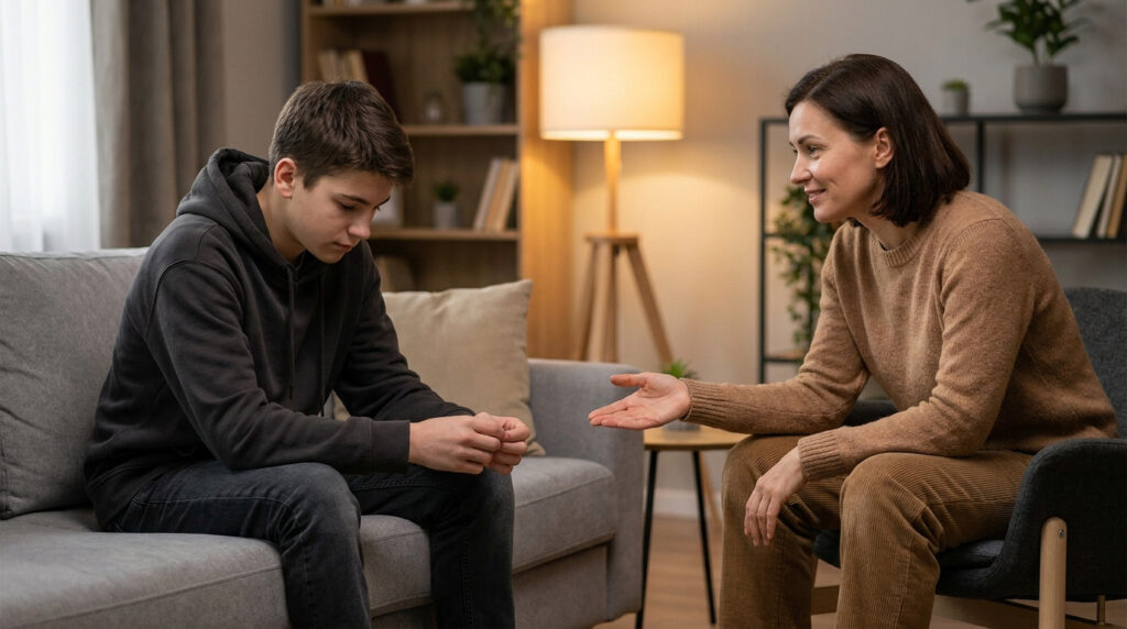 Une mère tente de parler à son fils adolescent qui regarde le sol avec tristesse sur un canapé.