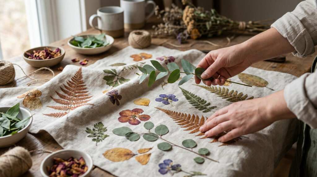 Mains disposant des feuilles et fleurs séchées sur un morceau de lin pour une technique d'écoprint.