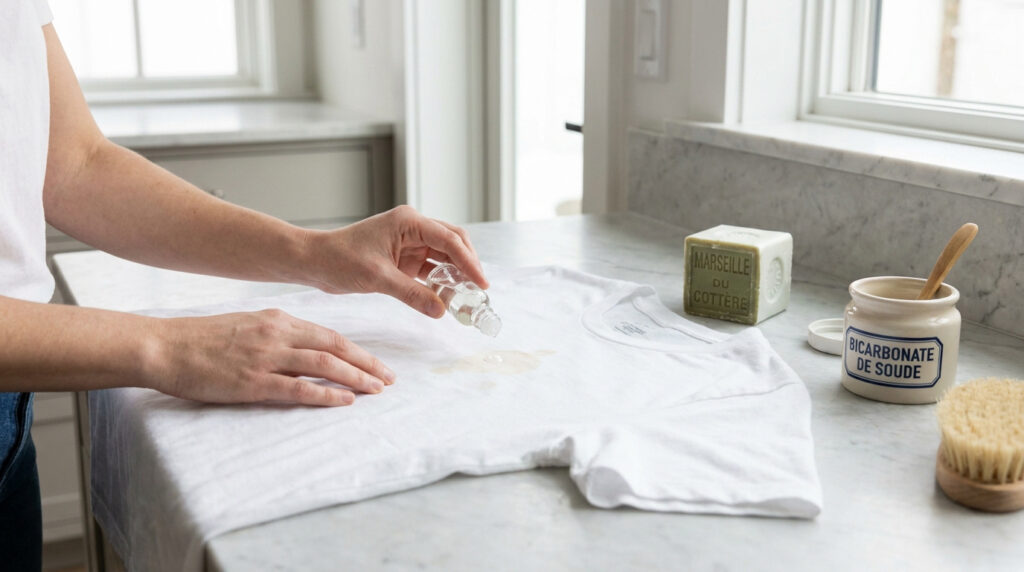 Une personne applique un produit liquide sur une tache de café sur un t-shirt blanc posé sur un plan de travail.