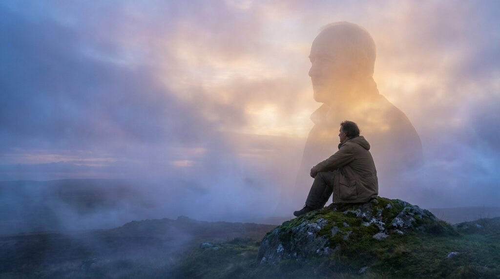 Un homme assis sur un rocher contemplant une silhouette spectrale de son père dans un paysage brumeux au crépuscule.