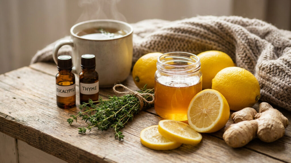 Ingrédients naturels contre la bronchite : miel, citron, gingembre, thym et huiles essentielles sur une table en bois.