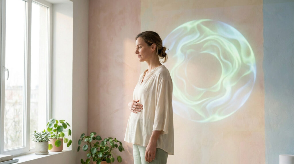Une femme enceinte regarde par la fenêtre avec une projection lumineuse circulaire en forme d'aura sur le mur.