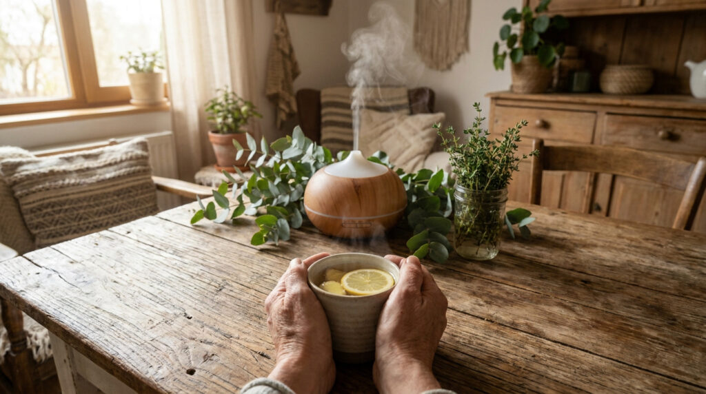 Mains tenant une tasse de thé chaud face à un diffuseur d'huiles essentielles entouré d'eucalyptus et de thym.