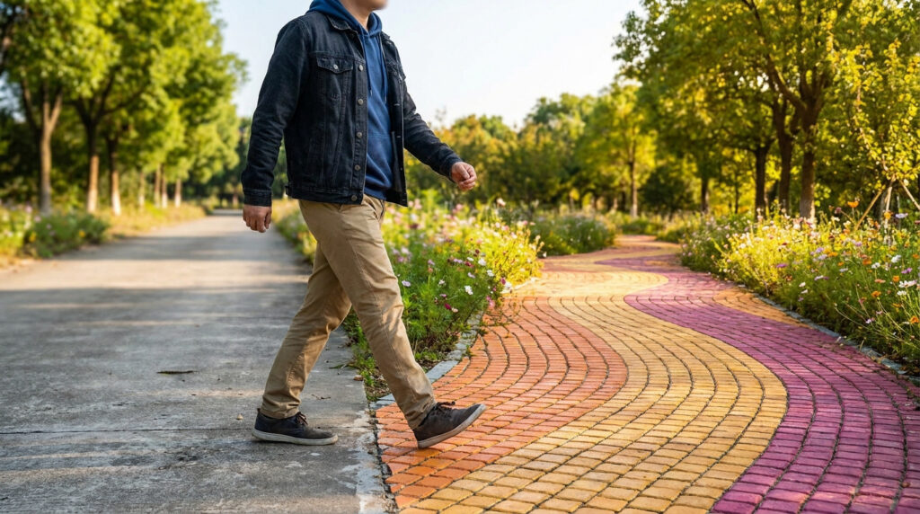 Un homme en veste en jean et pantalon beige marche sur un sentier pavé coloré dans un parc verdoyant.