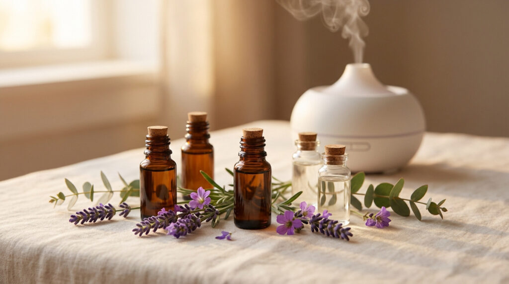 Diffuseur d'huiles essentielles avec des fioles et de la lavande sur une table.