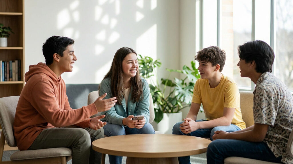Quatre adolescents assis autour d'une table, discutant et souriant dans un espace lumineux et convivial.