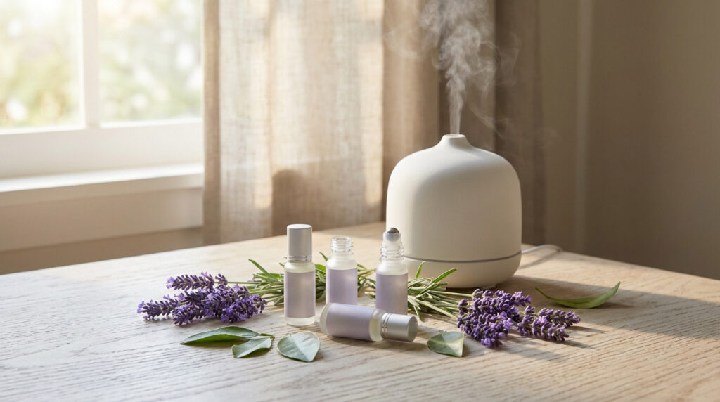 Diffuseur d'huiles essentielles et flacons à bille entourés de fleurs de lavande sur une table en bois près d'une fenêtre.
