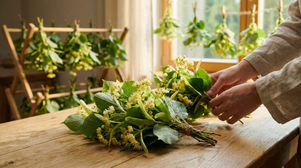 Mains préparant des bouquets de fleurs de tilleul fraîches sur une table en bois, avec d'autres bouquets suspendus en fond.