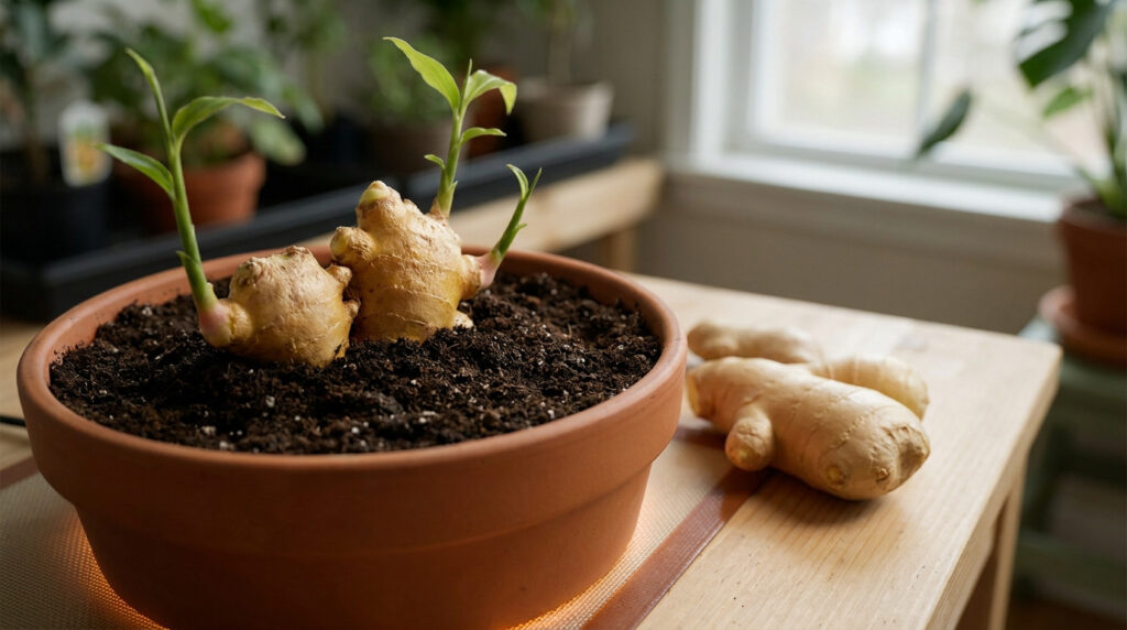 Rhizome de gingembre en train de germer dans un pot en terre cuite sur une table en bois.