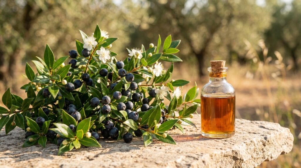 Branche de myrte fleurie avec ses baies noires à côté d'un flacon d'huile essentielle sur une pierre en plein air.