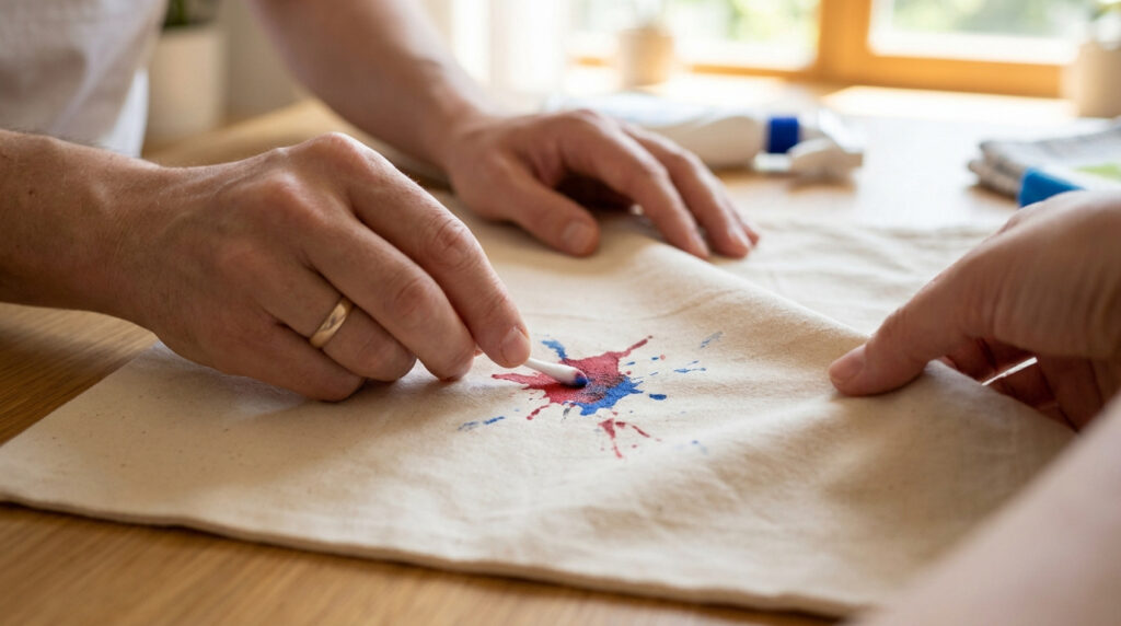 Une personne nettoie une tache de peinture rouge et bleue sur un tissu beige avec un coton-tige.