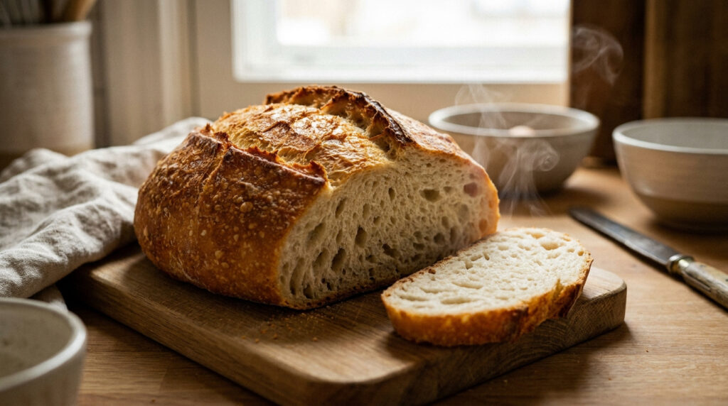 Une miche de pain au levain tout juste coupée sur une planche en bois avec de la vapeur s'échappant de la mie.