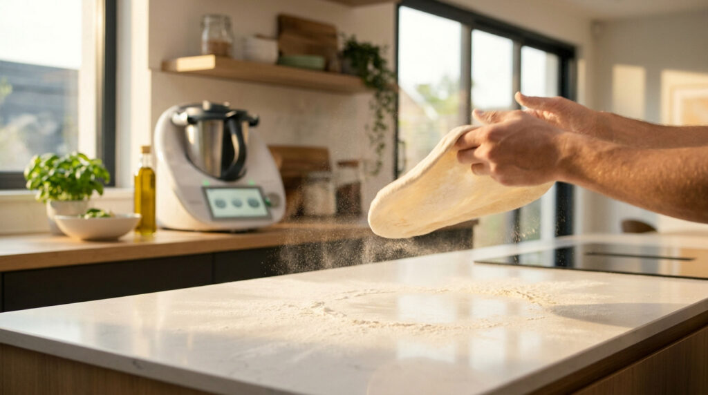 Mains étalant une pâte à pizza fraîche au-dessus d'un plan de travail fariné avec un robot Thermomix en arrière-plan.