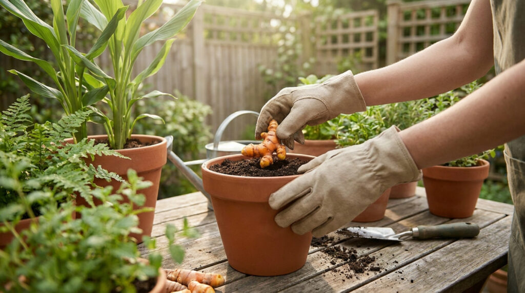 Une personne portant des gants de jardinage plante un rhizome de curcuma dans un pot en terre cuite.