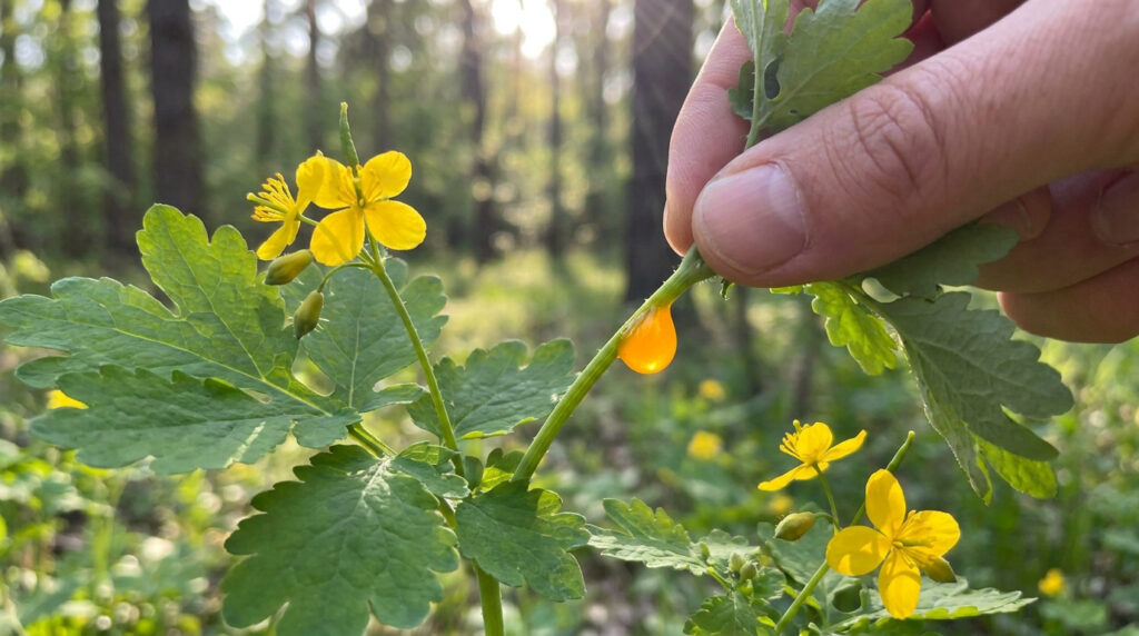 Main tenant une tige de chélidoine avec une goutte de latex jaune orangé, fleurs jaunes en arrière-plan.