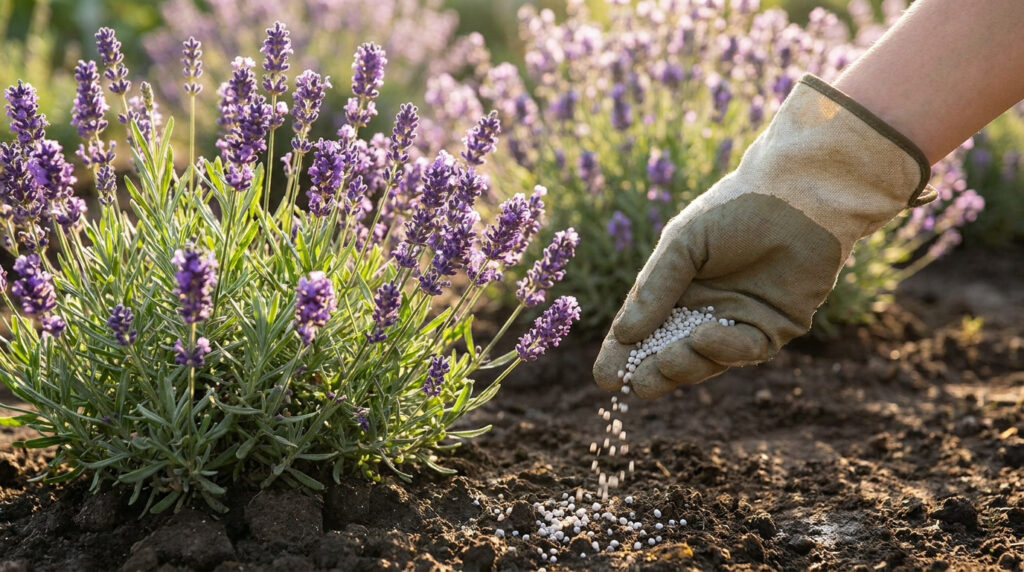 Main gantée épandant des granulés d'engrais au pied de plants de lavande en fleurs.