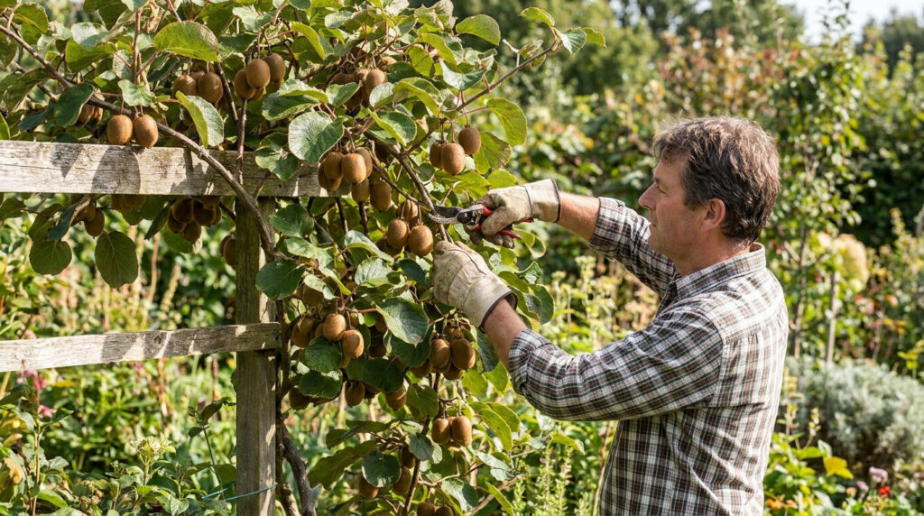 Un jardinier taille un pied de kiwi chargé de fruits dans un verger.