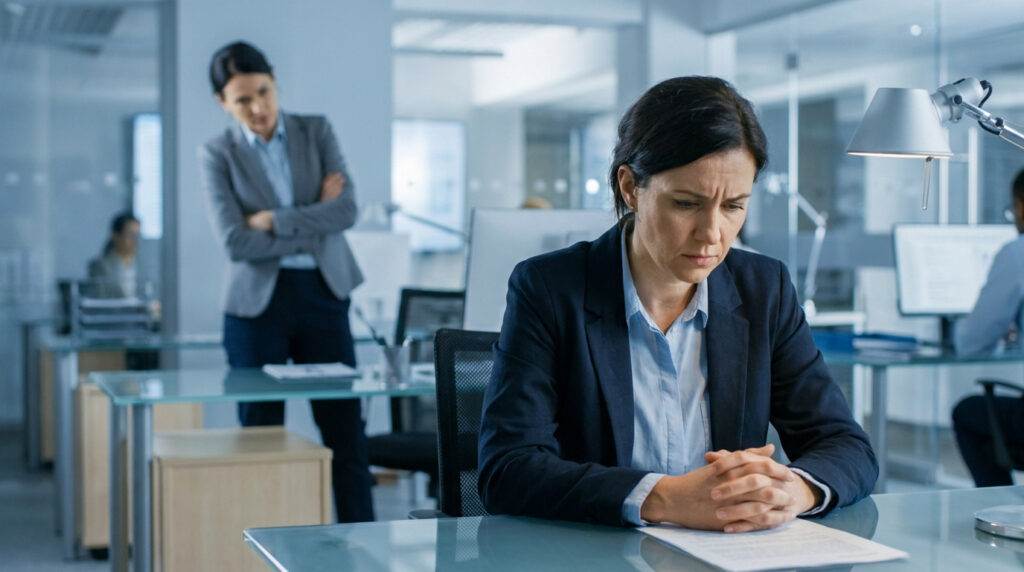 Une employée stressée est observée par sa manager autoritaire dans un bureau moderne.