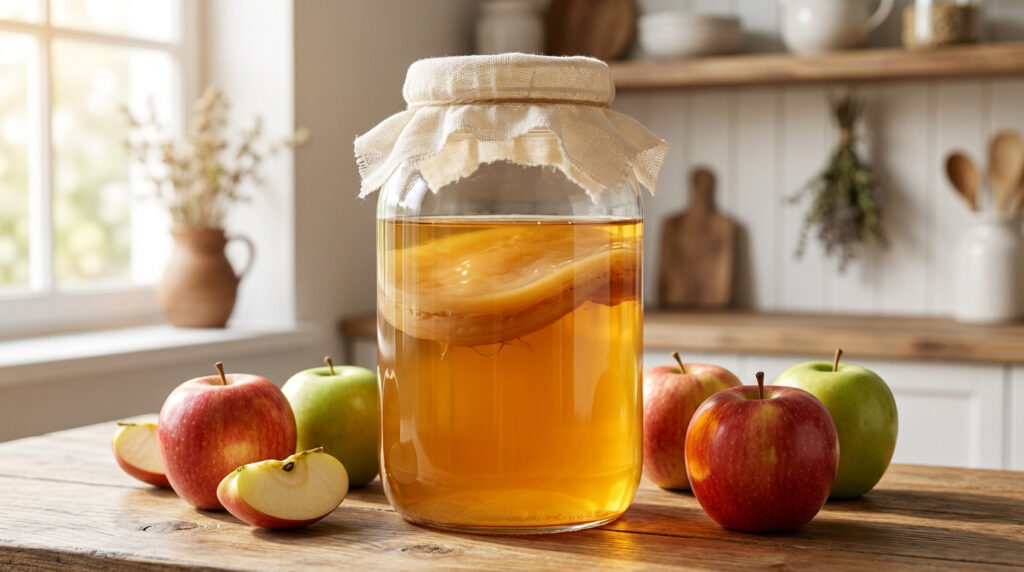 Bocal de vinaigre de cidre avec sa mère de vinaigre entouré de pommes fraîches sur une table de cuisine.